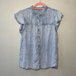 RAILS Short Sleeve Button Up Ruffle Blouse Light Blue Babydoll